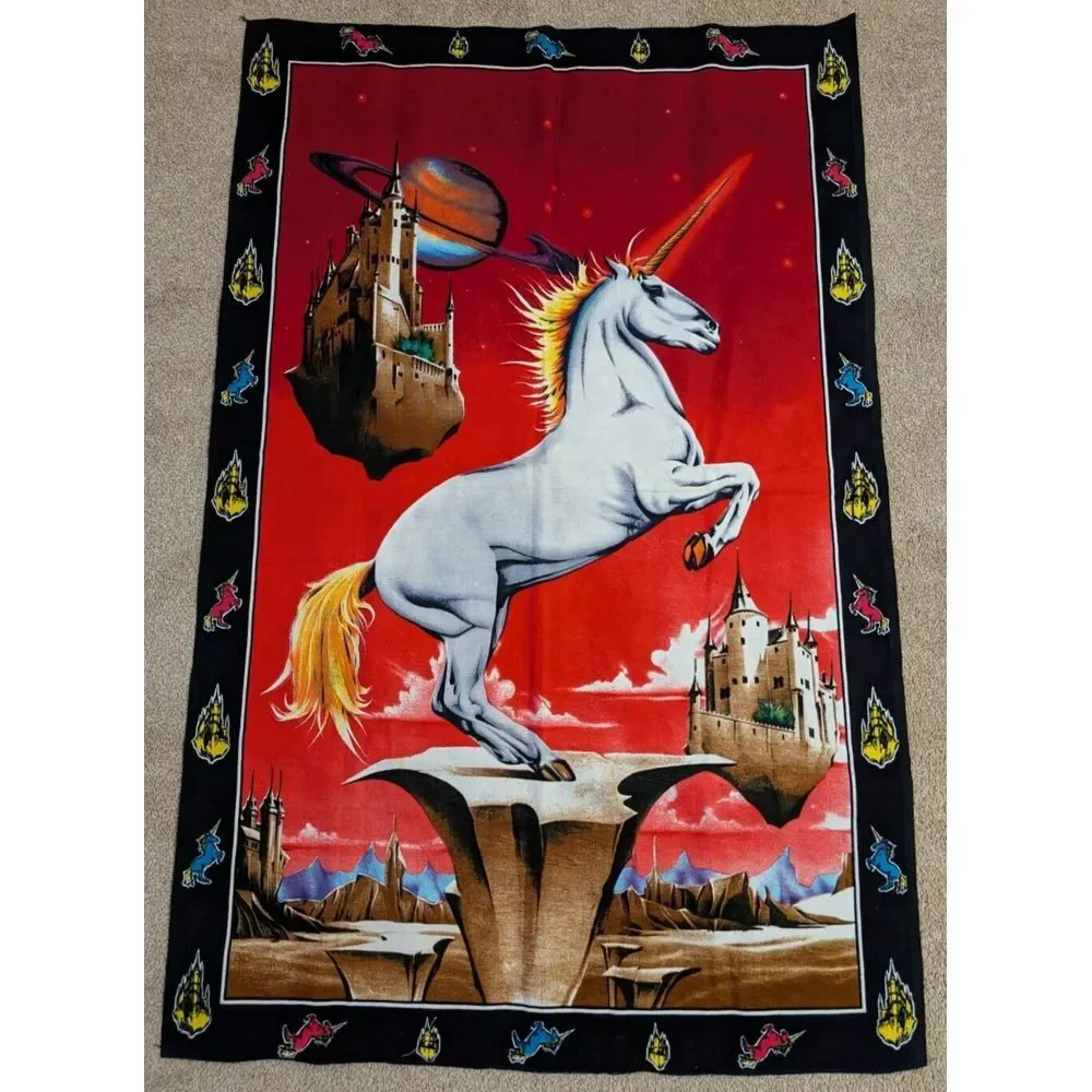 Vintage ATC NY Unicorn Fantasy Tapestry‎ Psychedelic Space Castle 80s Wall Art